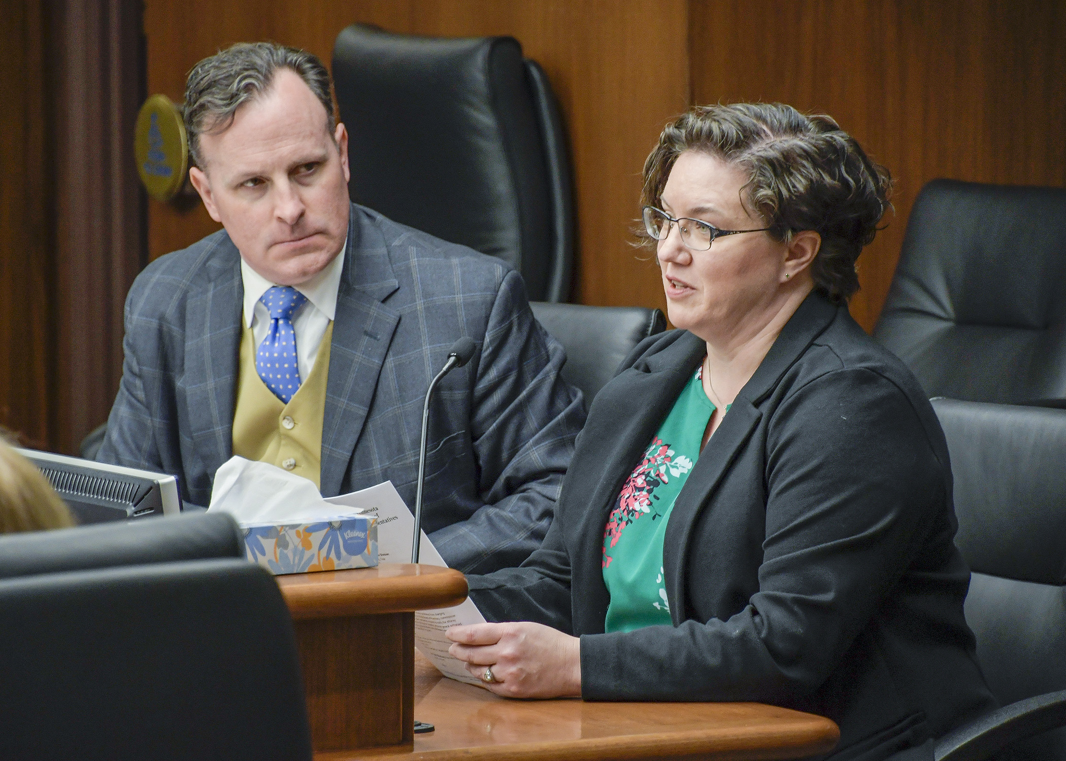 Erin Heers-McArdle testifies before the House Health and Human Services Finance Division Feb. 27 in support of HF4, sponsored by Rep. John Lesch, left, to prohibit price gouging by drug manufacturers or distributors. Photo by Andrew VonBank